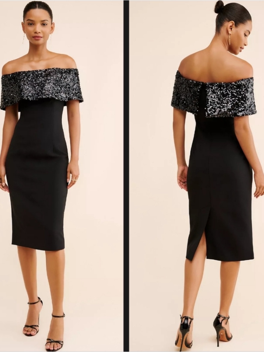 Bhldn Sachin + Babi Dress Naira Midi Sheath Sequin Off The Shoulder In Black